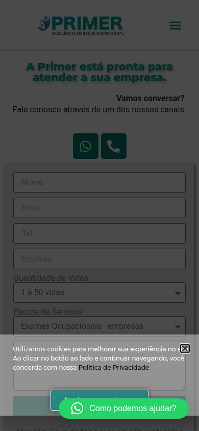 Captura da página de contato da PRIMER em mobile